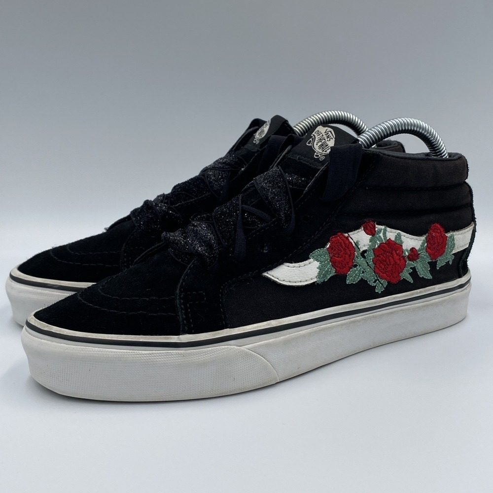 Vans Sk8-Mid Reissue Rose Thorns Women 8.5 Black Suede Embroidered Sneakers